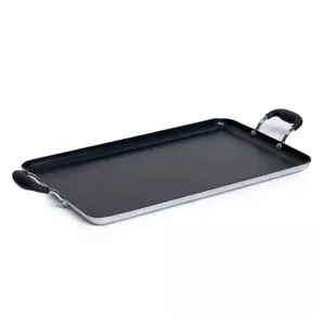 17"x10" Double Burner Griddle with Bakelite Handles The Double Burner Griddle is made of durable aluminum and is perfect when warming tortillas, making crepes, cooking quesadillas, and all your favorite breakfast foods such as pancakes and eggs.