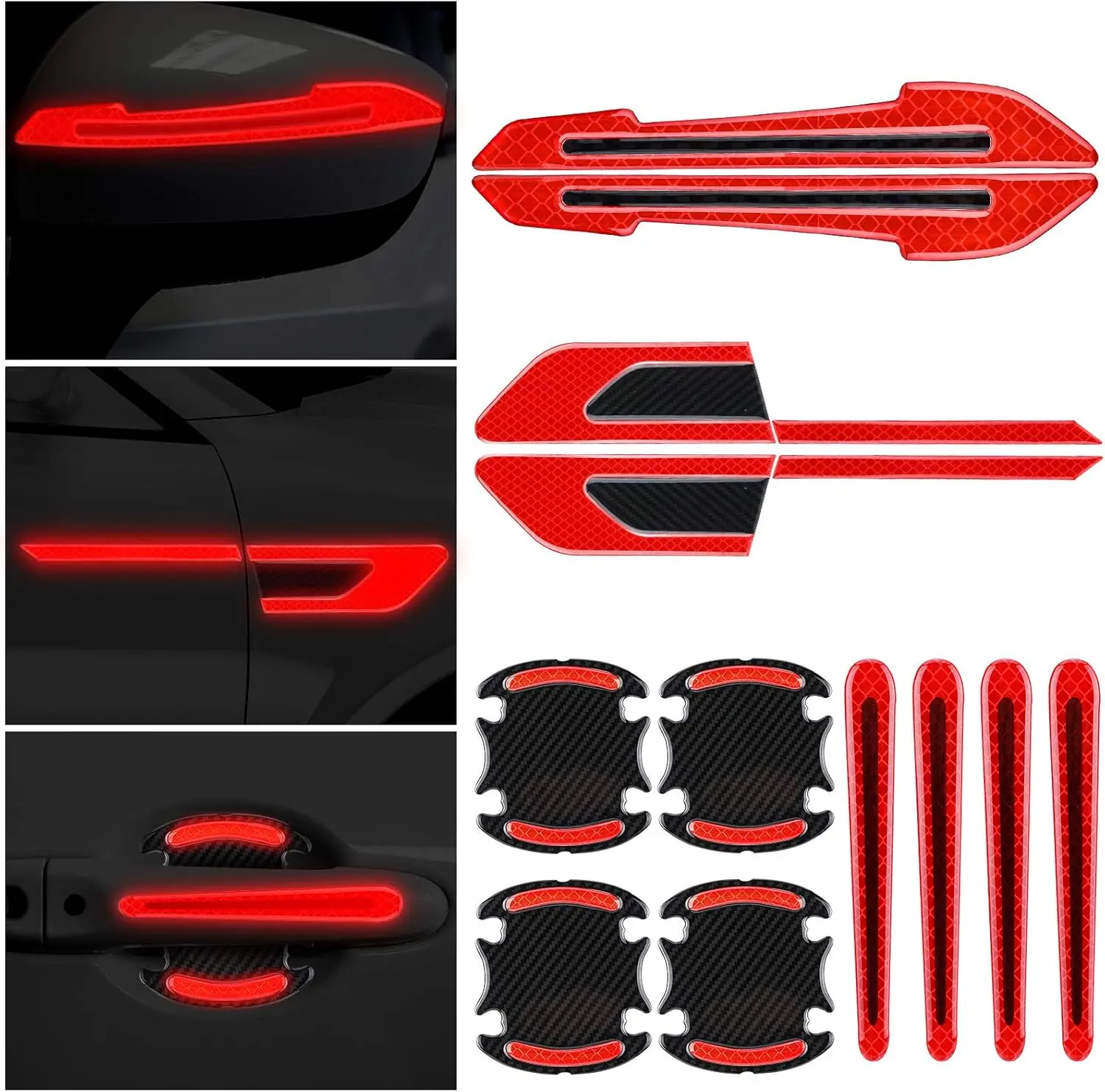 DIBMS 12 Pieces Reflective Car Stickers Set Rearview Mirror Reflective Warning Stickers Auto Door Cup Protectors and Handle Paint Scratch Films for Car Safety(Red)