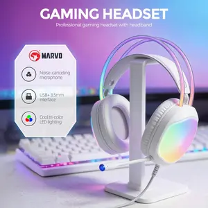 Gaming Headset - RGB illuminated ear cups and headband, wired USB + 3.5mm dual plug, 50mm drivers, dual-headband PU ear cushions, external microphone with blue light, omnidirectional microphone, ear cup volume control, ideal for gaming / office / study
