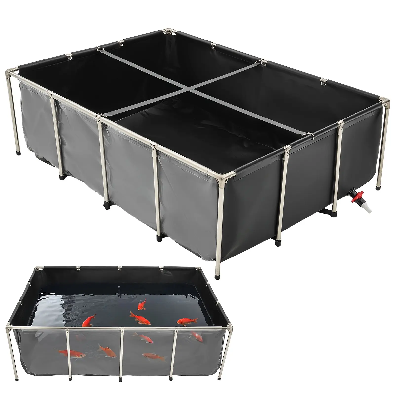 【Summerfinds】VEVOR Canvas Fish Pond, 470 Gal Above Ground Fish Pond, PVC Koi Tank with Clear Viewing Panel, Rectangular Goldfish Tank with Stainless Steel Frame & Drain Valve, for Breeding Koi, Irrigation(Black)