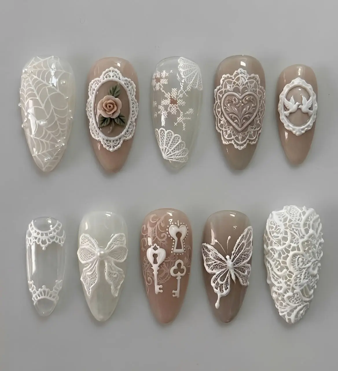 Vintage Lace Coquette Press On Nails | 3D White Butterfly Rose Heart Handmade Nails | Romantic Bridal Nail Set