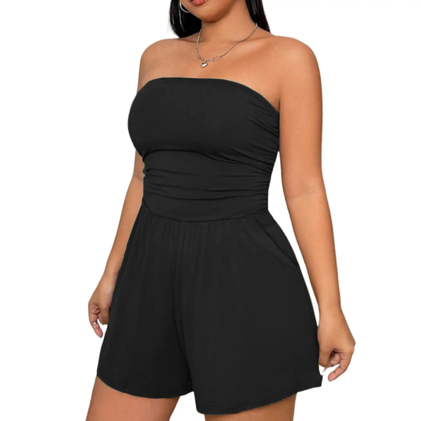 AUXDIO Women's Elegant Strapless Romper - Black Fitted Short Jumpsuit, Lightweight Holiday Overalls for Wedding Guest