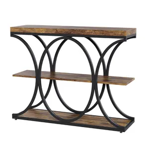 39" Narrow Console Tables for Entryway, Industrial 3-Tier Sofa Table with Round Metal Base and Storage Shelves for Living Room, Hallway, Foyer