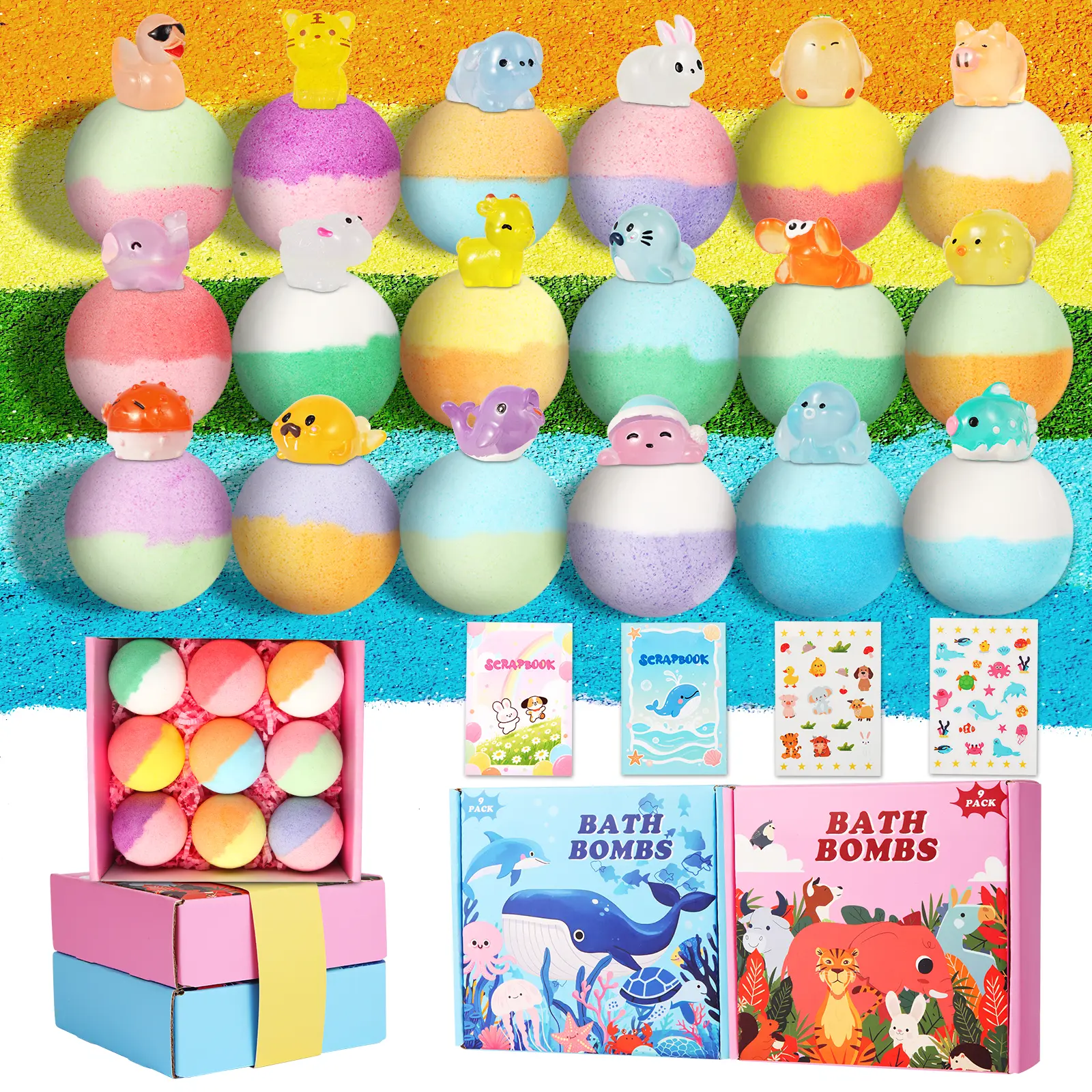 18PCS Bath Bombs Gift Set - Includes Dual - Themed Land & Sea Animal Surprise Toys, Which Fun, Educational, and Child-Safe, Included Greeting Cards & Stickers for Exchange Holiday Wishes. Perfect For Children in the Ideal Halloween and Christmas