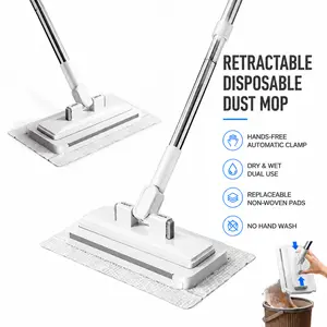 Retractable Disposable Dust Mop, Hands-Free Automatic Clamp, Dry & Wet Dual Use, Replaceable Non-Woven Pads, No Hand Wash, Lazy Household Dust Cleaner for Hardwood Floors, Tile Floors and Baseboards