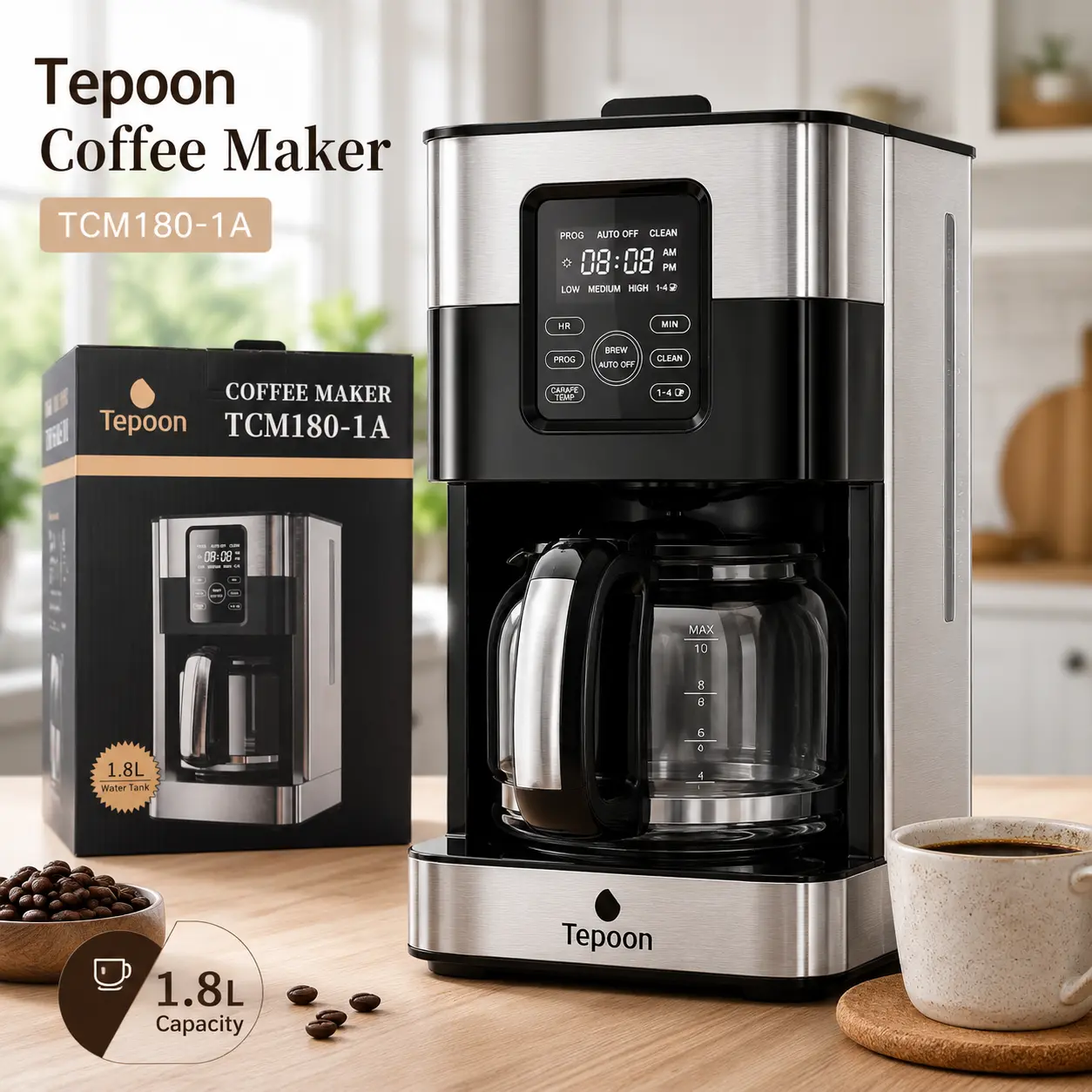 Tepoon 12-Cup Drip Coffee Maker with Glass Carafe, 24H Programmable Timer, Adjustable Brew Strength & Keep Warm Up to 4 Hours, Anti-Drip, 1.8L 1000W
