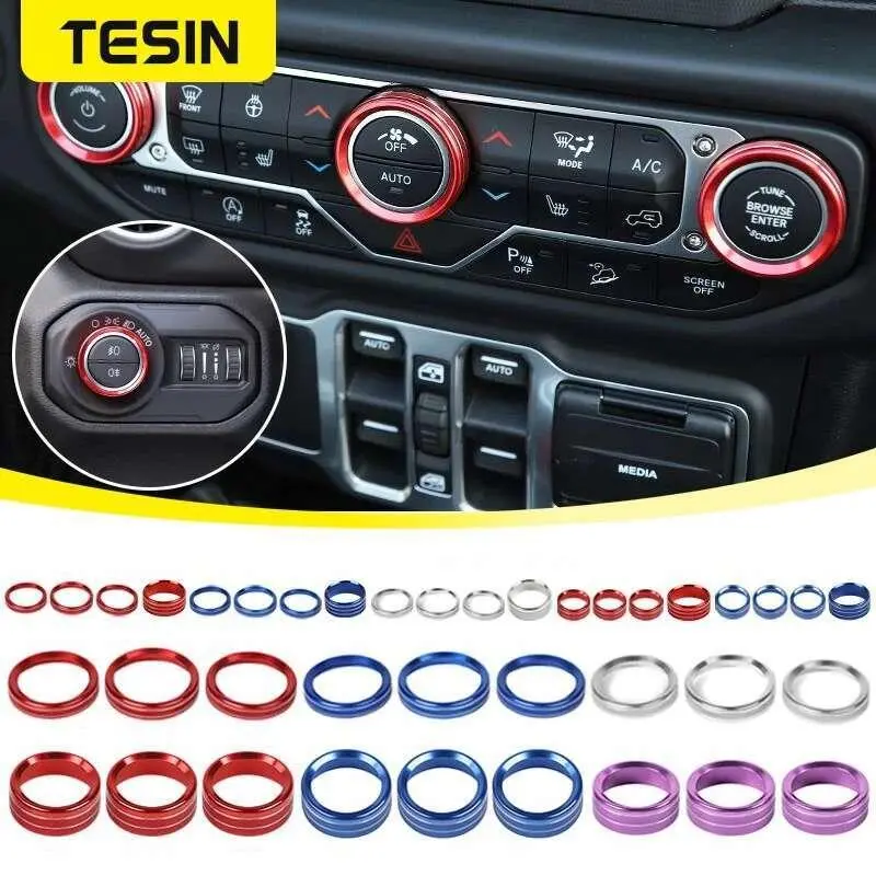2026 New Car Headlight Air Conditioner Knob Switch Button Decoration Ring for Jeep Wrangler JL Gladiator JT 2018 Up Interior Accessories