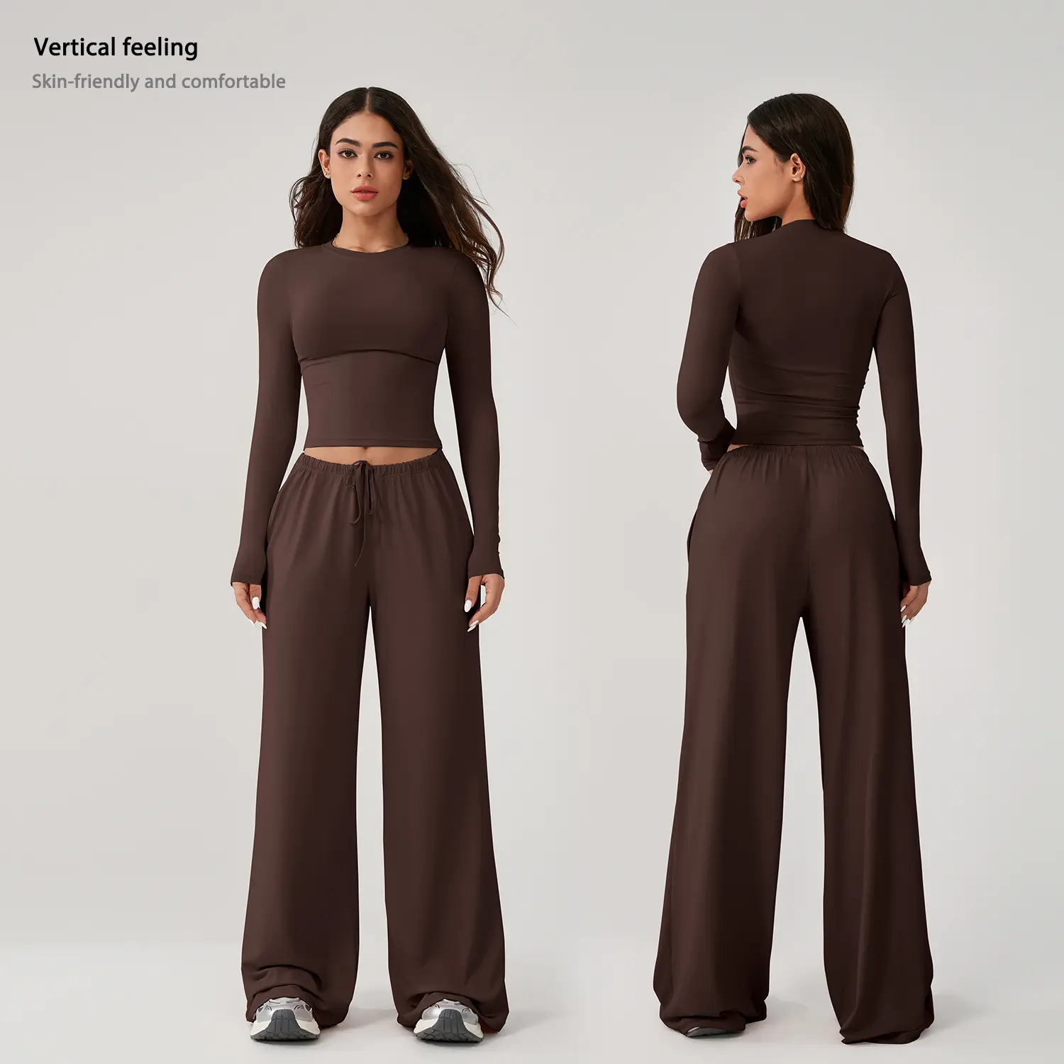 TimeOFF Women's 2-Piece Activewear Set - Longsleeve Crop Top, Stretchy Elastic High-Waist Wide-Leg Palazzo Trousers, Breathable Skin-Friendly Fabric, Non-Restrictive, Non-Sagging | Sets for Women 2 Piece, Two Piece Sets Women