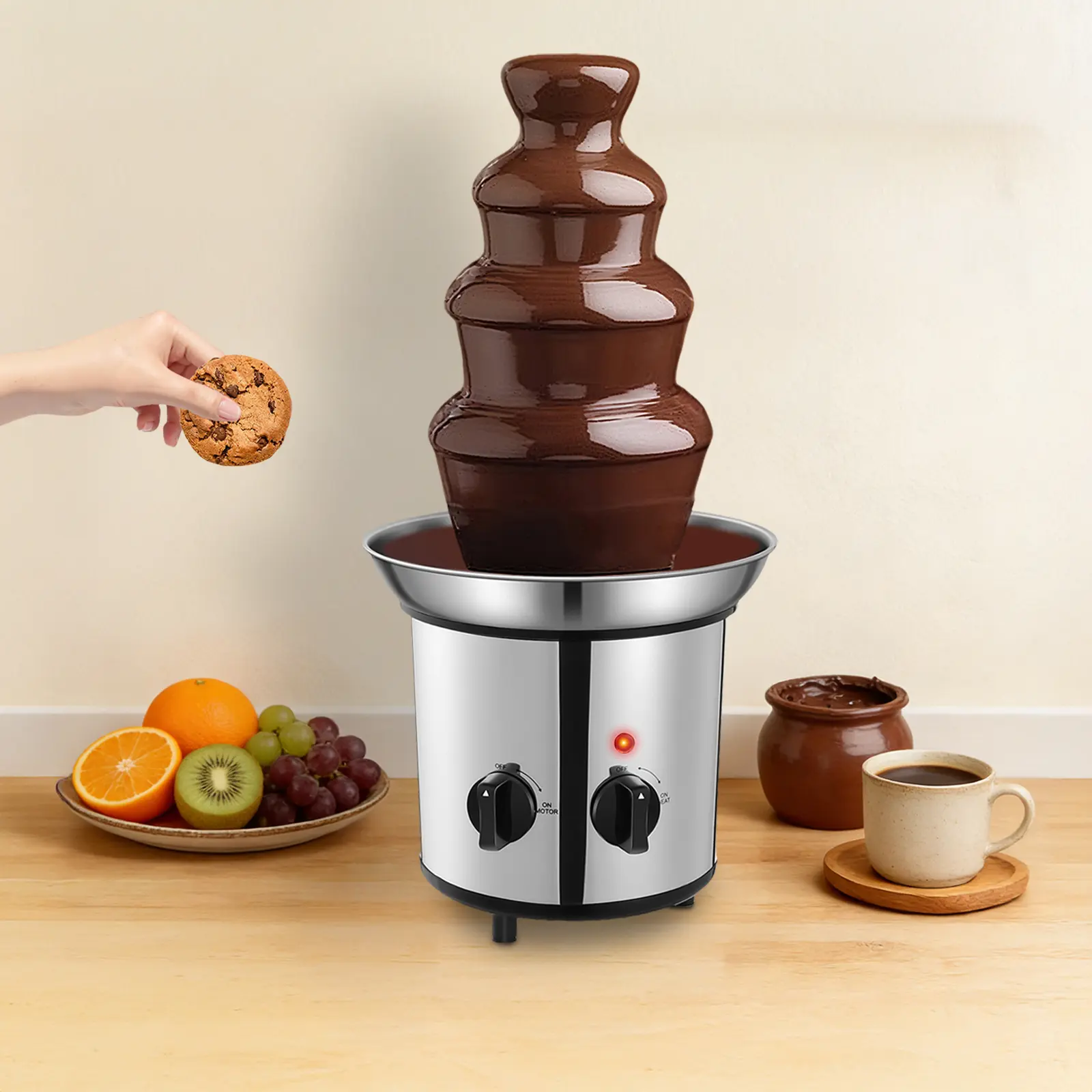 4-Tier Stainless Steel Chocolate Fountain Machine Home Appliances - 1.8L/60.86oz 170W Melting Pot, Independent Motor, Heat Controls, Cascading Spiral Design, 1 English Manual for Weddings, Birthday Parties (Suitable for Barbecue, Cheese, Ranch Sauces), Co