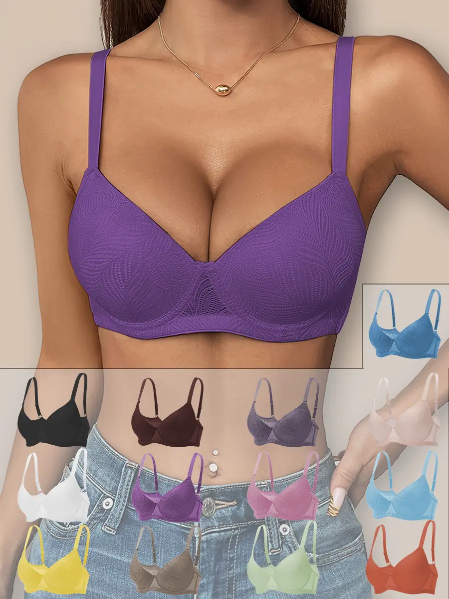 13 colors to choose from Sexy Daily Push Bra Bras with Underwired Support - Comfortable Fit, Contrasting Lace, Non-Removable Padding, Machine Wash, Knitted Fabric, Solid Color, Multiple Colors - Perfect for Adult Women Looking for Everyday Lingerie