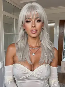 18 Inch Fashionable Platinum Blonde Long Curly Wigs for Women, Gorgeous Fluffy Wigs with Bangs, Synthetic Hair Wigs, Synthetic Full Machine Wigs for Party, Daily Use, Glueless Bangs Wig, Glueless Ready To Wear Wig