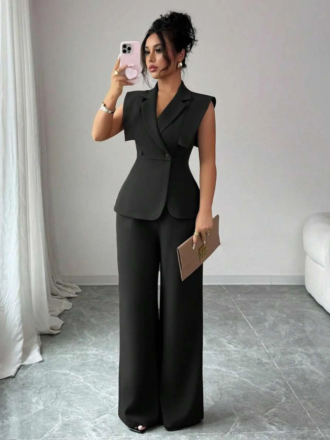 Elegant Plus Size Women's Sleeveless Blazer Top and Elastic Waist Pants Set, Suits, Casual Two-Piece Outfit for Work, Vacation, Afternoon Tea, Party