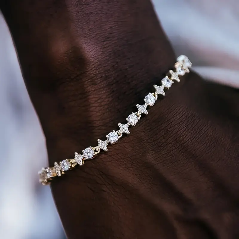 One Piece of Iced Round Stone Star Tennis Bracelet, a Trendy Hip Hop Jewelry Gift.
