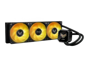 ASUS TUF Gaming LC III 360 ARGB LCD with pre-installed & integrated triple fans designed for high airflow and static pressure; 2.8" LCD for hardware monitoring, custom GIFs and MP4 video clips