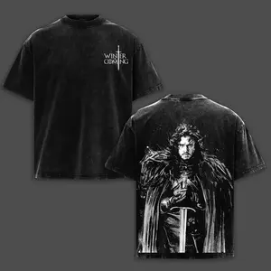 Winter is Coming Jon Snow Double Printed T-Shirt, Game of Thrones Stark Direwolf Graphic Tee, Vintage Washed Oversized Streetwear Gift for GoT Fans Merch