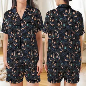 Gothic Wednesday Pajama Set – Black Satin Sleepwear with Cute Cartoon Prints, Spooky Halloween Nightwear