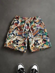 Men's Retro Comic Style High Street Shorts, Loose Fit with Drawstring Waist, Full Print, Summer Cool Breathable Essential, Casual Shorts
