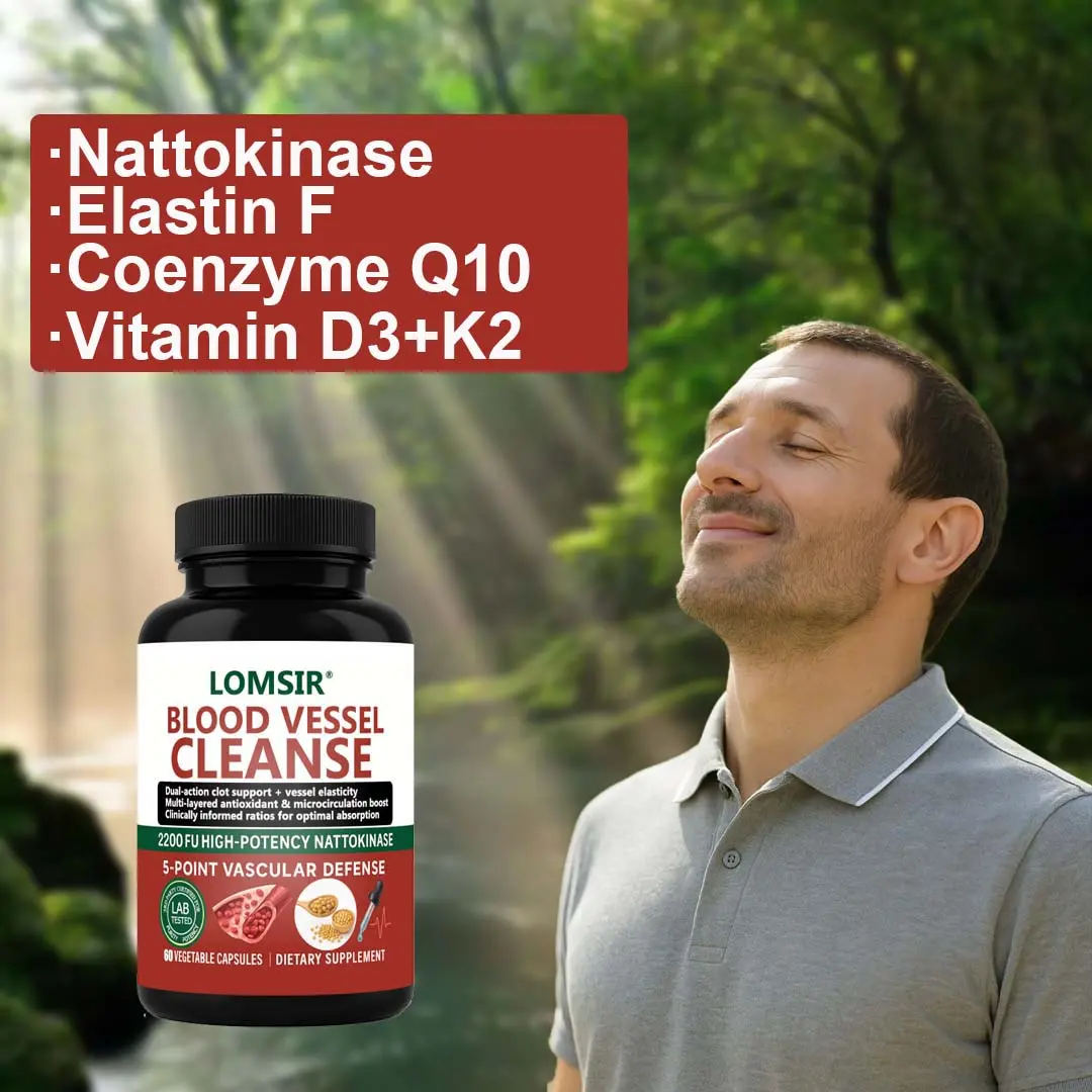 Blood Vessel Cleanse Capsules - Nattokinase Supplement with Gamma Oryzanol, Supports A Healthy Circulatory System - 60 Capsules