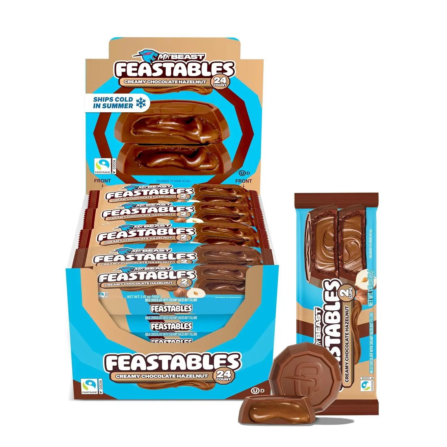 MrBeast Feastables Hazelnut Cups Milk Chocolate 24 Count (2-Cup Packs) with Fairtrade Cocoa, Clean Ingredients, No Artificial Additives, Great for Sharing, Parties, Desserts & Holiday Treats
