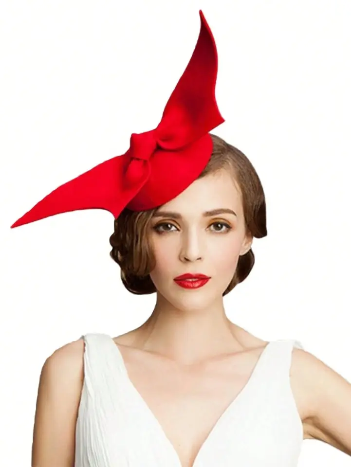 HIMESPORT Red Wool Felt Wedding Bridal Hat Women's Black Church Mini Round Hat Vintage Bow Tie Angel Wings Cocktail Tea Party Soft Felt Hat Valentine's Day British Style Top Hat