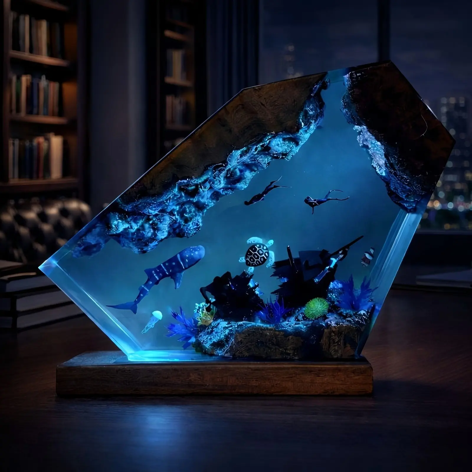 Ocean Theme Resin Night Light, Blue Whale Turtle Clownfish, Underwater Landscape Soft Light, Ambient Night Lights, Desktop Decoration Gift for Bedroom Study Room, Decorative Lights