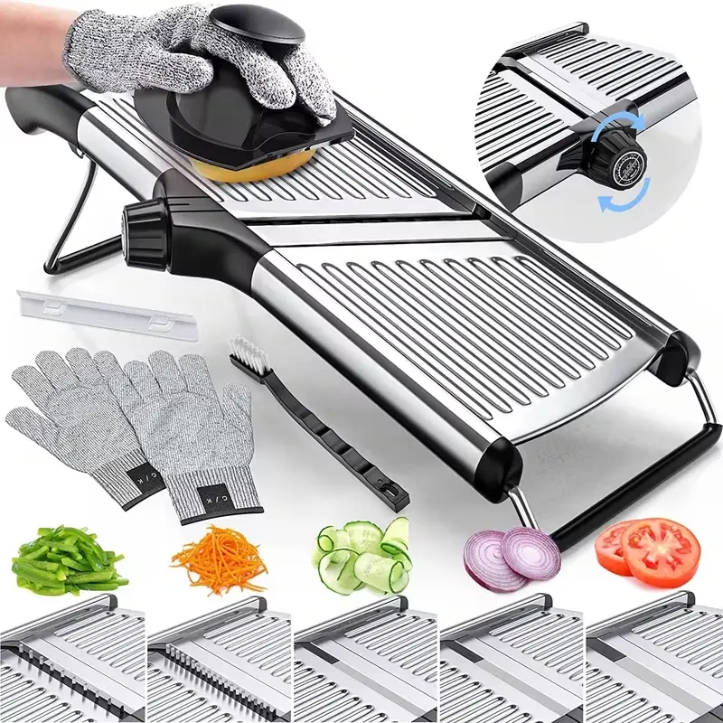 【Summervibes】Mothers Day Gifts for Her-Adjustable Mandoline Food Slicer, Mandoline Slicer for Kitchen, Mandolin, Potato, Tomato, Carrot, Vegetable, Fruit and Onion Cutter - Stainless Steel - INCLUDING 1 Pair Cut-Resistant Gloves