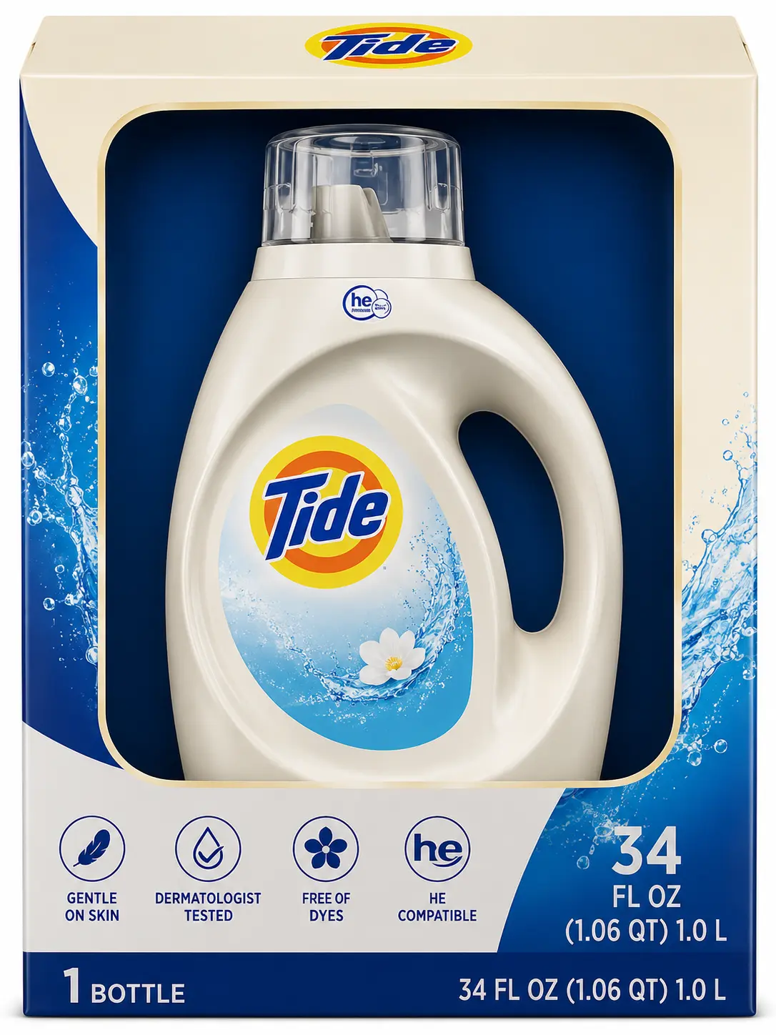 Tide Free & Gentle Liquid Laundry Detergent for Sensitive Skin, 34 fl oz (1 Bottle), Dye & Perfume Free, HE Compatible