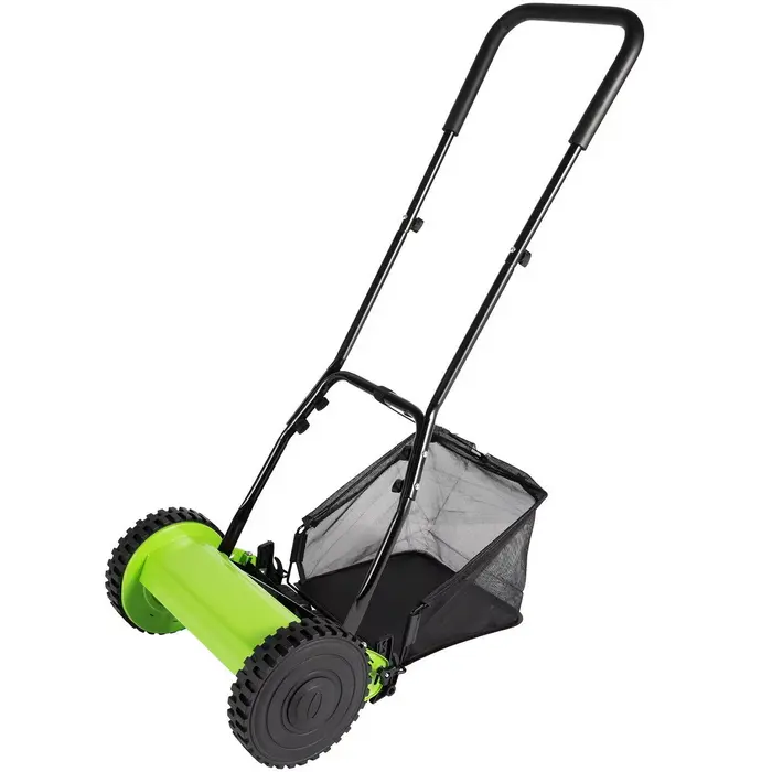 12-Inch Manual Push Reel Lawn Mower, Walk-Behind Cordless Grass Cutter with Grass Collection Bag for Garden, Yard, Lawn Care
