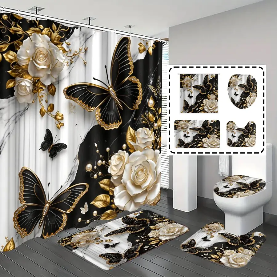 1/4pcs Bathroom Curtains Shower Set, Marble Butterfly Pattern, Luxury Theme Decor, Bath Mat Rug, Includes 12 Hooks, Home Decoration Gift, Bathroom Decoration Accessories