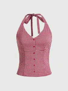 INAWLY Kawaii Gingham Print Button Front Halter Top, School