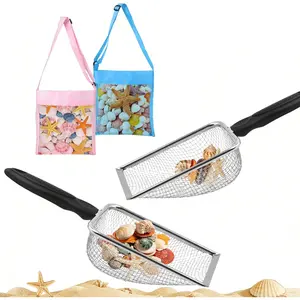 2 Pack 3.8mm Mesh Beach Sand Shark Tooth Sifter, Short-Handle Beach Shovel with Beach Shell Bag for Beachcombing, Shell Collecting Tool for Beach Treasures, 2 Short Shovels + 2 Bags Included