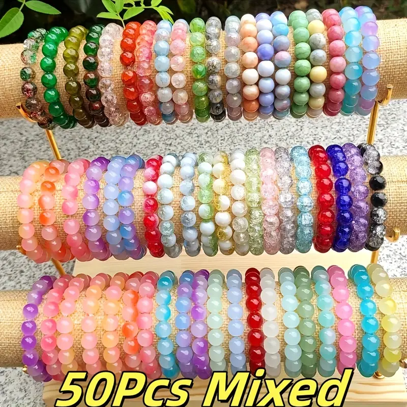 50pcs Colorful Mix Glass Beaded Stretch Elastic Friendship Bracelets Set - Cute Jewelry Youth Fashion Accessory, Unisex Daily Wear Costume Bracelets for Women, Beaded Look, 50Pcs Mixed, Synthetic Glass