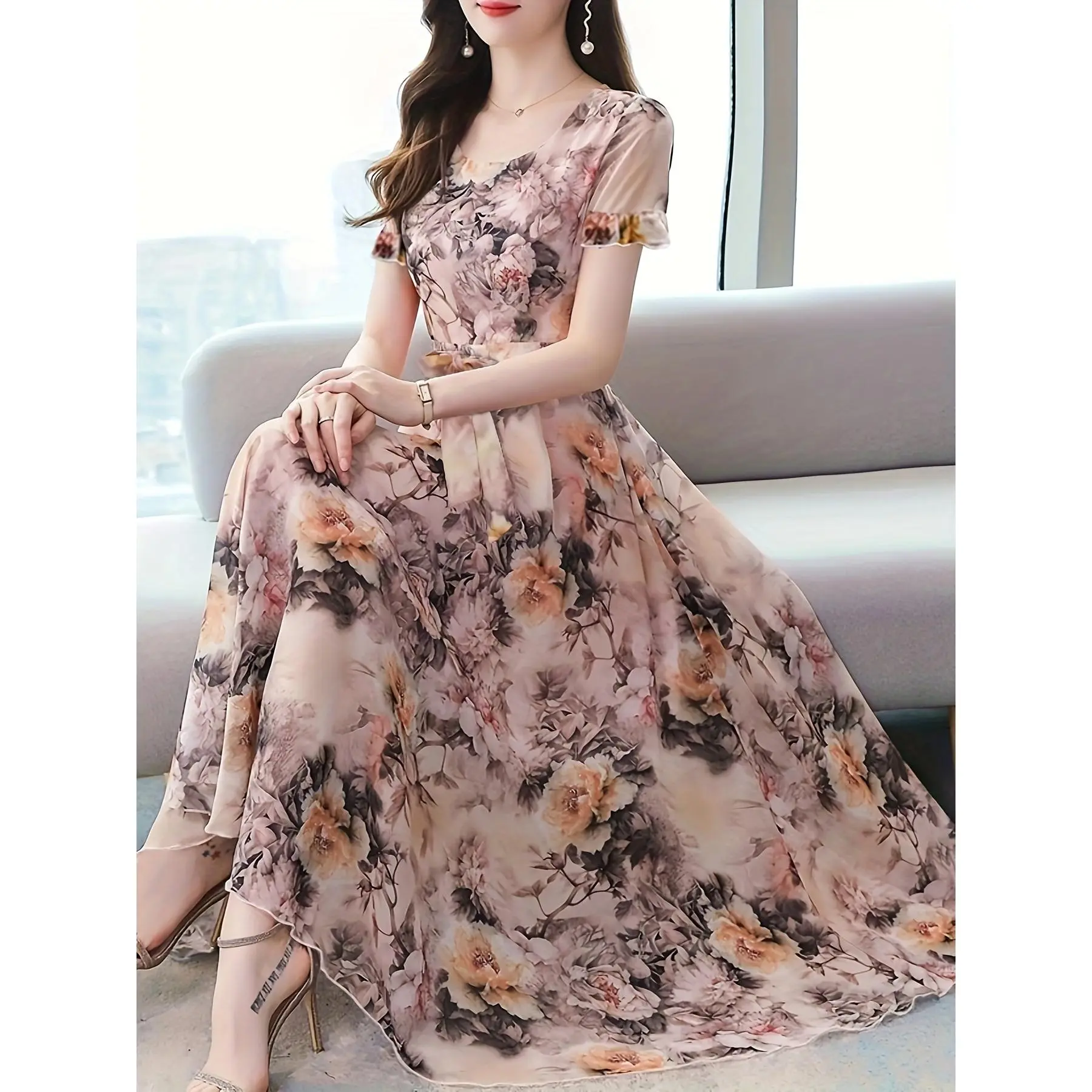 Women's Elegant Coral Printed Polyester V-Neck Short-Sleeve Dress, Comfortable Cut, Machine Washable All-Seasons Party & Casual Wear