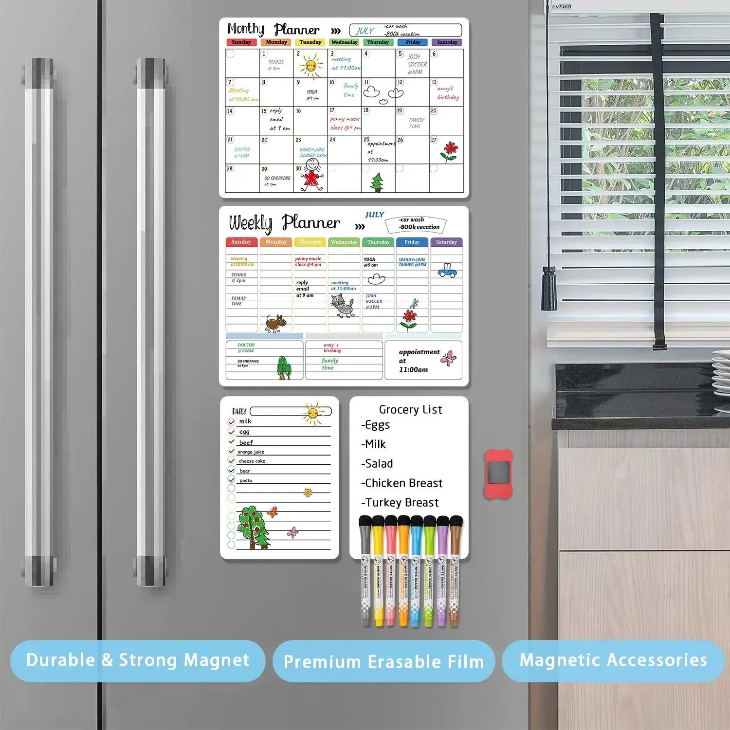 Hivillexun 4-Pack Reusable Magnetic Wall Planners Set - 16.5in x 11.8in Monthly/Weekly Dry Erase Whiteboard, 12in x 8in Daily Notepads, Magnetic Chalkboard Calendar, 8 Markers, 1 Eraser for Home,back to school,back to school haul
