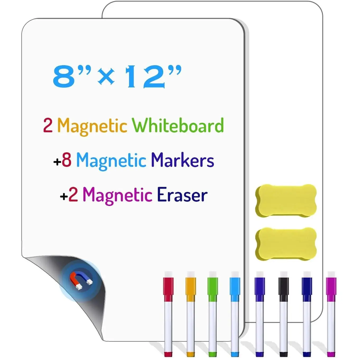 2 Pack   Whiteboard for Fridge, Small  Dry Erase Boards with 8 Markers and 2 Eraser,  Blank  White Board Sheets for , Kitchen, Office, Classroom - 12" x 8"