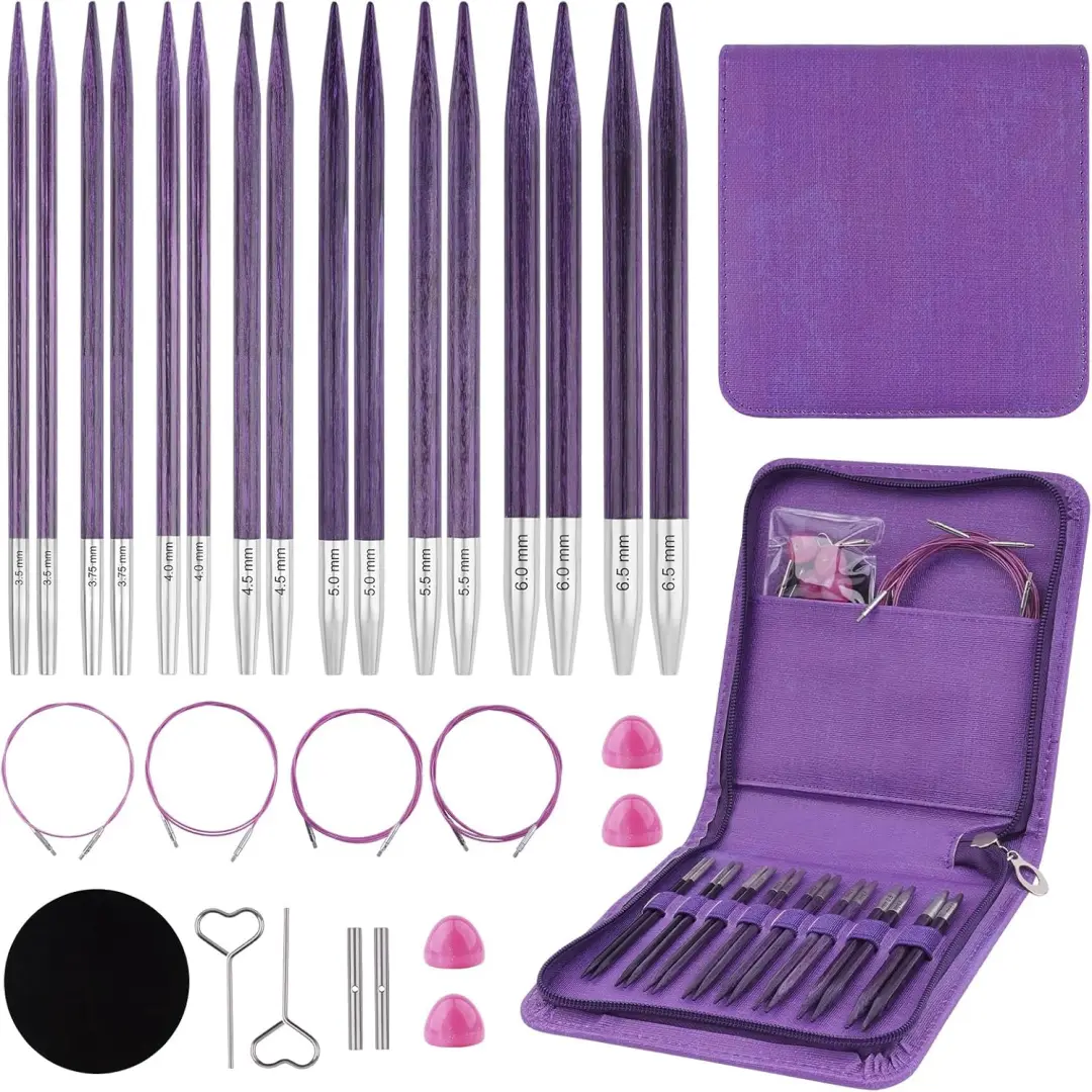 Multi-Size Compact Birch Wood Interchangeable Circular Knitting Needles Set - 8 Pairs (3.5mm-6.5mm) with Adjustable Cable, 1 Anti-Slip Pad, Accessories, Storage Case for Friends & Long Knitting Projects, Mother, Grandmother