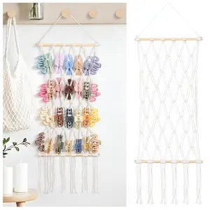 Macrame Claw Clip Organizer,  Hair Clip Holder for Women Girls, 4-Tier -Shaped Grid Claw Clip Hanger,  for Wall,Door,Closet. (white)