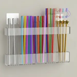 9.5-inch Large Acrylic Straw & Utensil Organizer for Cabinet Doors – Reusable Stick-On Kitchen Storage Holder, Space-Saving Accessory for Countertops and Cupboards, Clear
