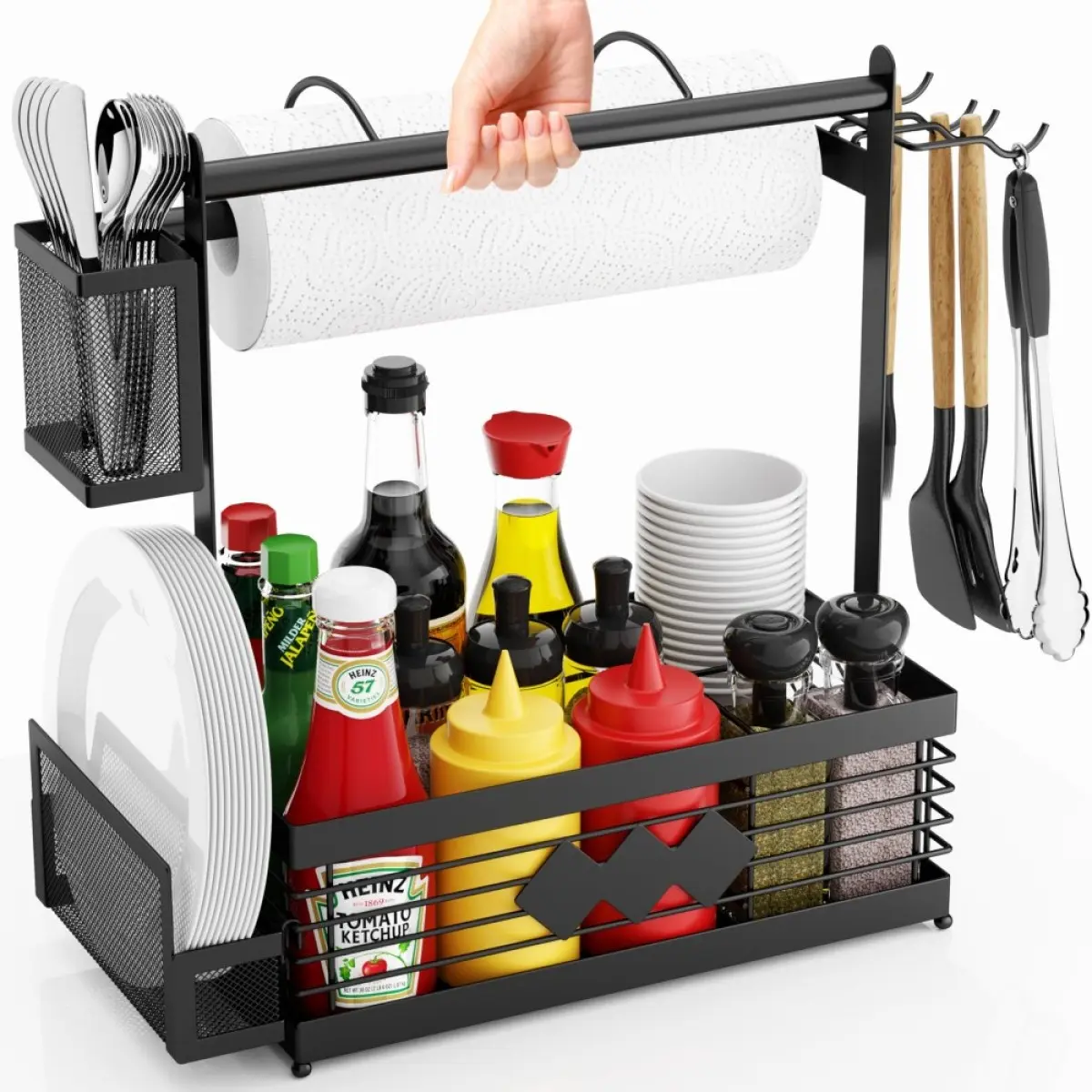 [Bellemave] BBQ Grill Caddy Organizer with Paper Towel Holder, Detachable Plate & Utensil Holder, 4-in-1 Outdoor Grilling Storage