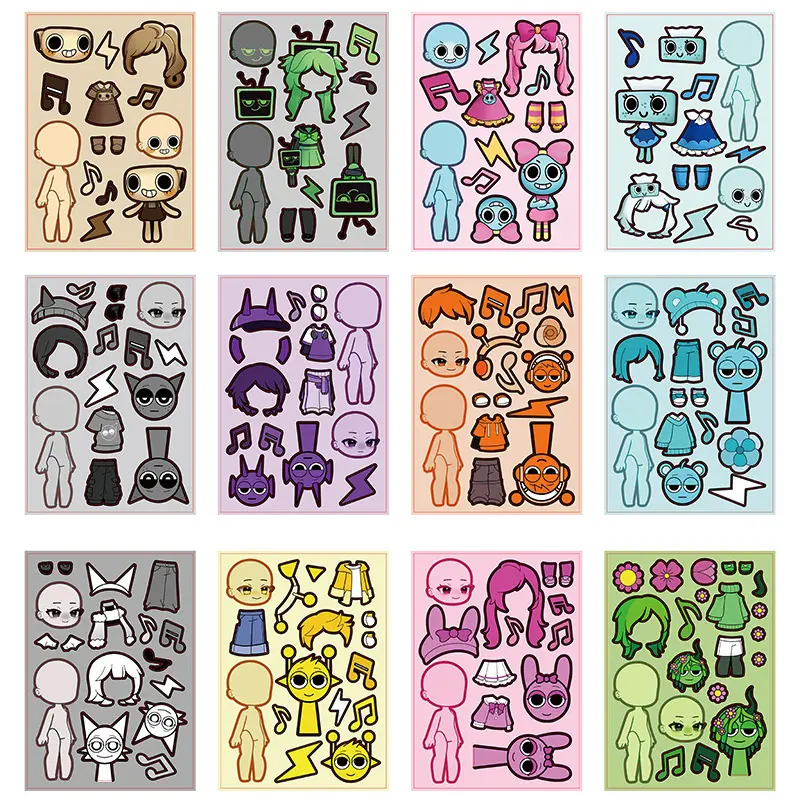 8/16pcs Sprunki Incredibox Sticker Children DIY Puzzle Funny Games Make-a-Face Assemble Jigsaw Sticker DIY Boys Girls Party Toys