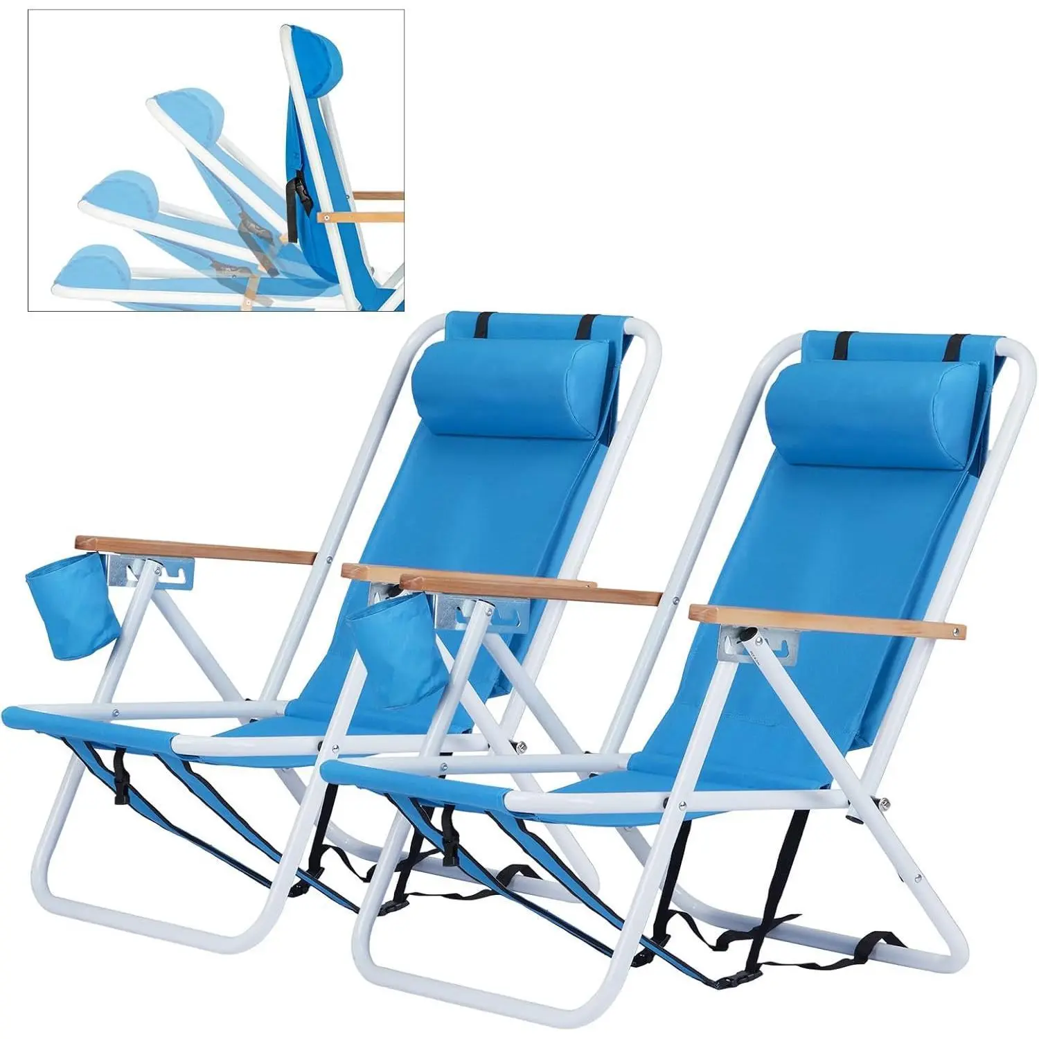 Outvita 2PCS Folding Beach Chair Adjustable Headrest w/4 Flexible Tilt Angle, Cup Holder Portable High Strength Cleanable Fabric, for Sand Camping Lawn Concert Travel Festival Summervibes