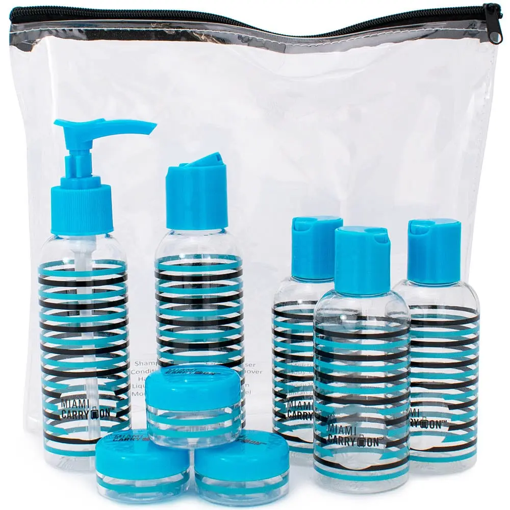 Miami CarryOn 9-Piece TSA 3-1-1 Rules Travel Toiletry Bottle Set - BPA Free, Multi-Size, Travel Toiletry Bag Compatible, Recycled Box Included (Stripes), Striped Look
