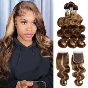 Rovess Hair[14A]P4/27 Body Wave Human Hair Bundles Brazilian Wavy 3/4 Bundles Human Hair For Woman Hair Bundles With 4x4 Closure