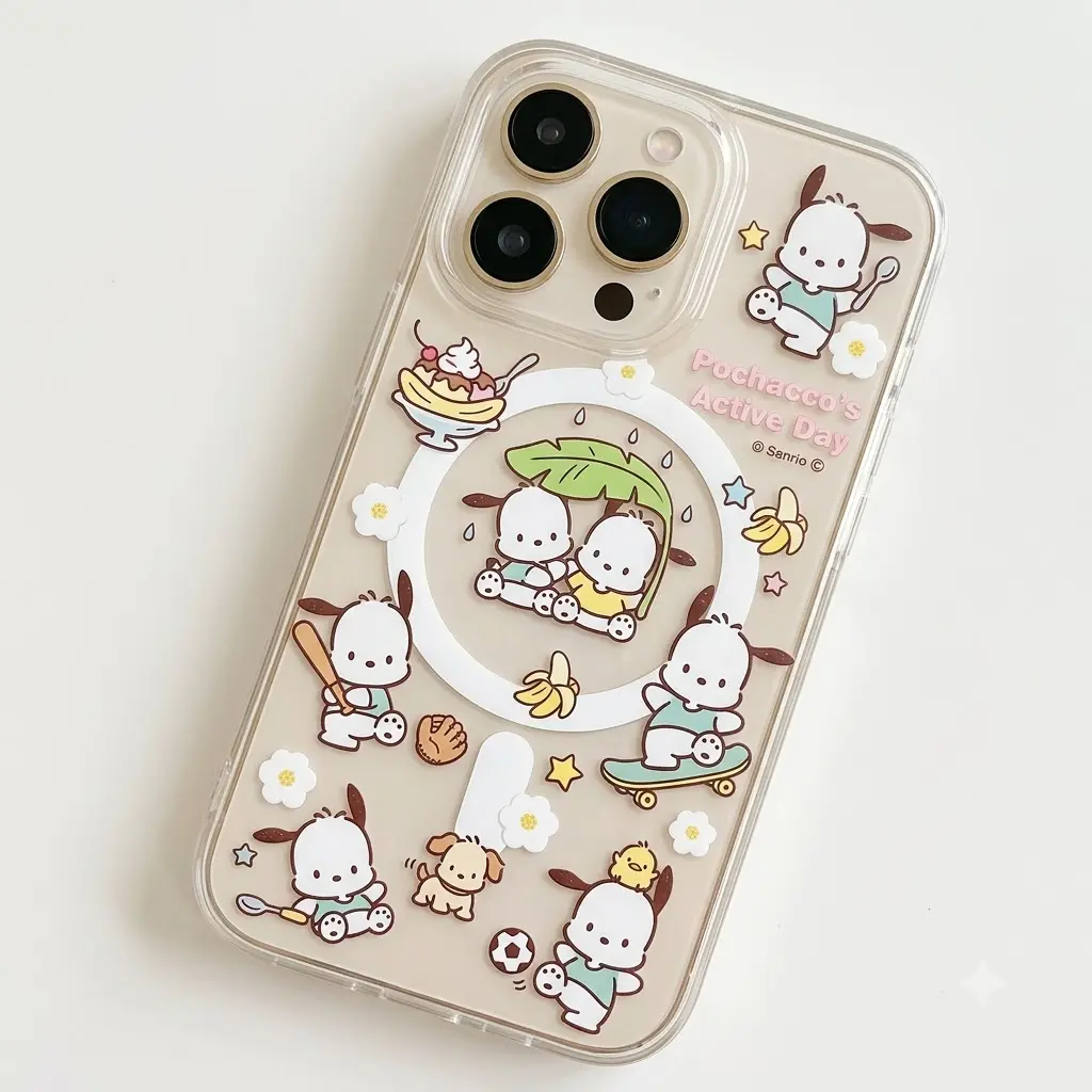 Pochacco Active Day Magnetic Phone Case, Cute Kawaii Dog Transparent Anti-Yellowing Wireless Protection Accessory for iPhone 11-17 Pro Max, Galaxy S21-S26 Ultra