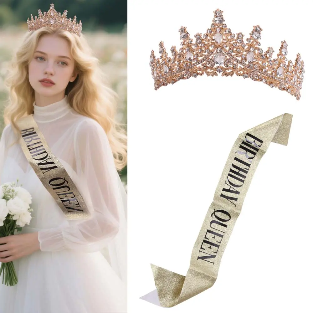 Gold Glitter Birthday Crown and Sash Set - Queen Rhinestone Tiara Gold Headpiece, Comfortable Safe Bridal Styling Accessory, Hair Crowns Gift for Family Friends (Birthday Photo Prop)