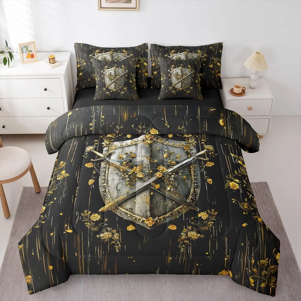 Knight 7 Piece Bedding Set Golden Sword Comforter Set with Sheets Medieval Soldier Rustic Striped Bed in a Bag Retro Flowers Painting Geometric Bed Sets Comforter