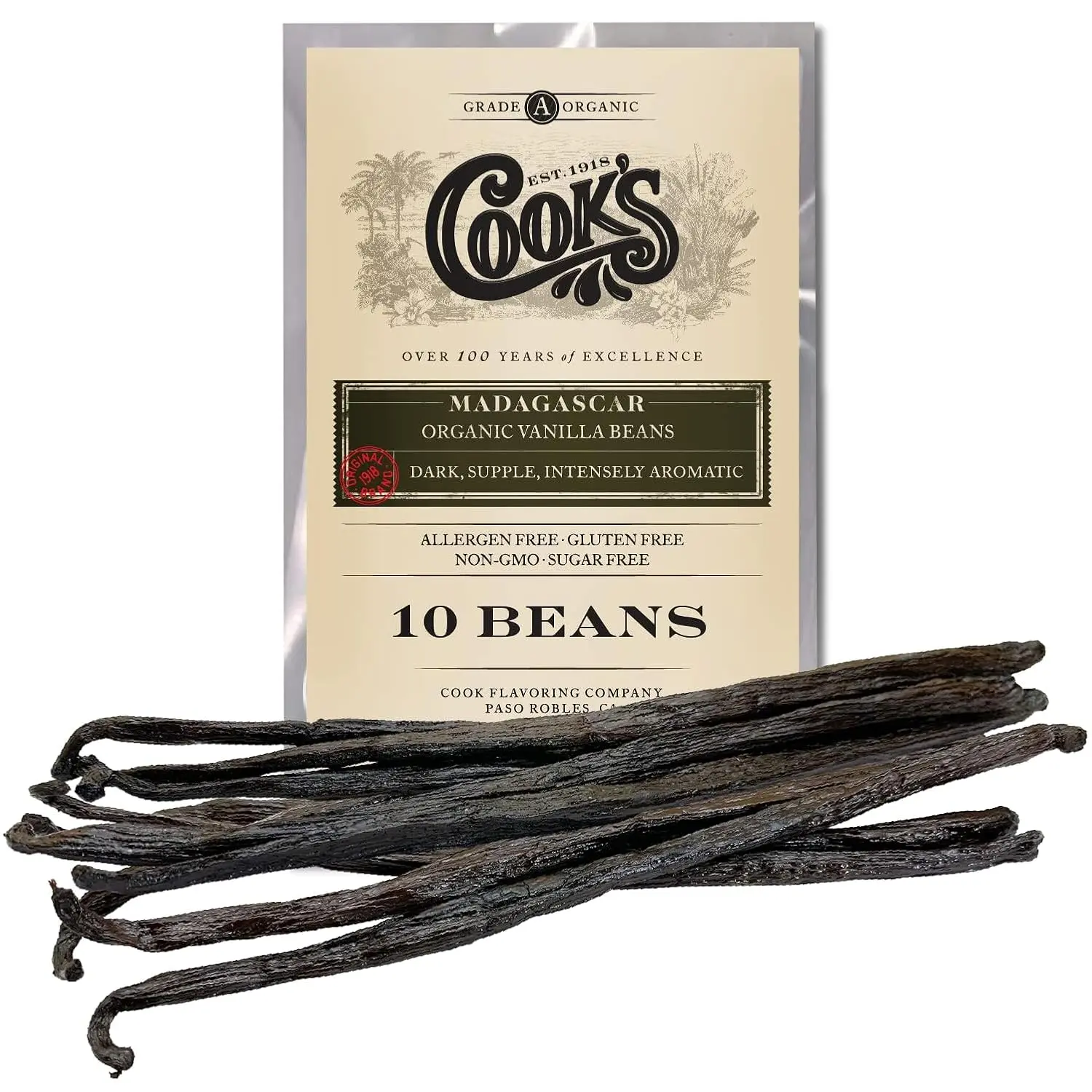 10 Organic Madagascar Whole Vanilla Beans, Grade A Vanilla Pods, Premium Vanilla Beans for Making Extract & Baking - Cook’s