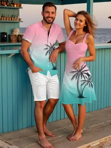 DRESSLILY Vacation Couple Outfit for Beach Ombre Coconut Tree Print Mini Dress and Men's Short Sleeve Button Up Shirt Matching Set