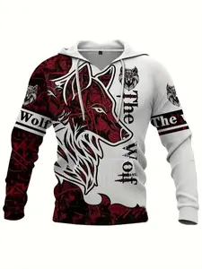 Men's Wolf Print Hoodie, Casual Fitted Pullover Sweatshirt, Street Style Autumn Winter Wear, Cool Graphic Hooded Jumper Gift Idea