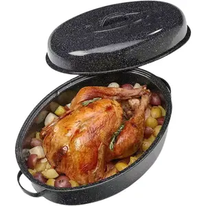 19” Turkey Roasting Pan Enamel Oval Granite Large Roaster Pan with lid with 17in Inner Diameter Large Capacity Suitable for Thanksgiving Day Enamel Cook Ware Dishwasher Compatibility Oven